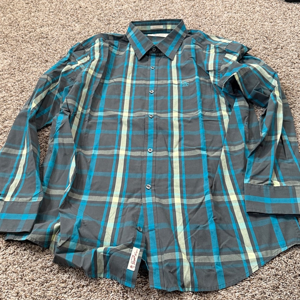 Original Penguin Teal and Black Plaid Shirt Button Up Size XL